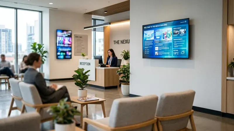 Recepção corporativa com tela SpotCast exibindo comunicação institucional