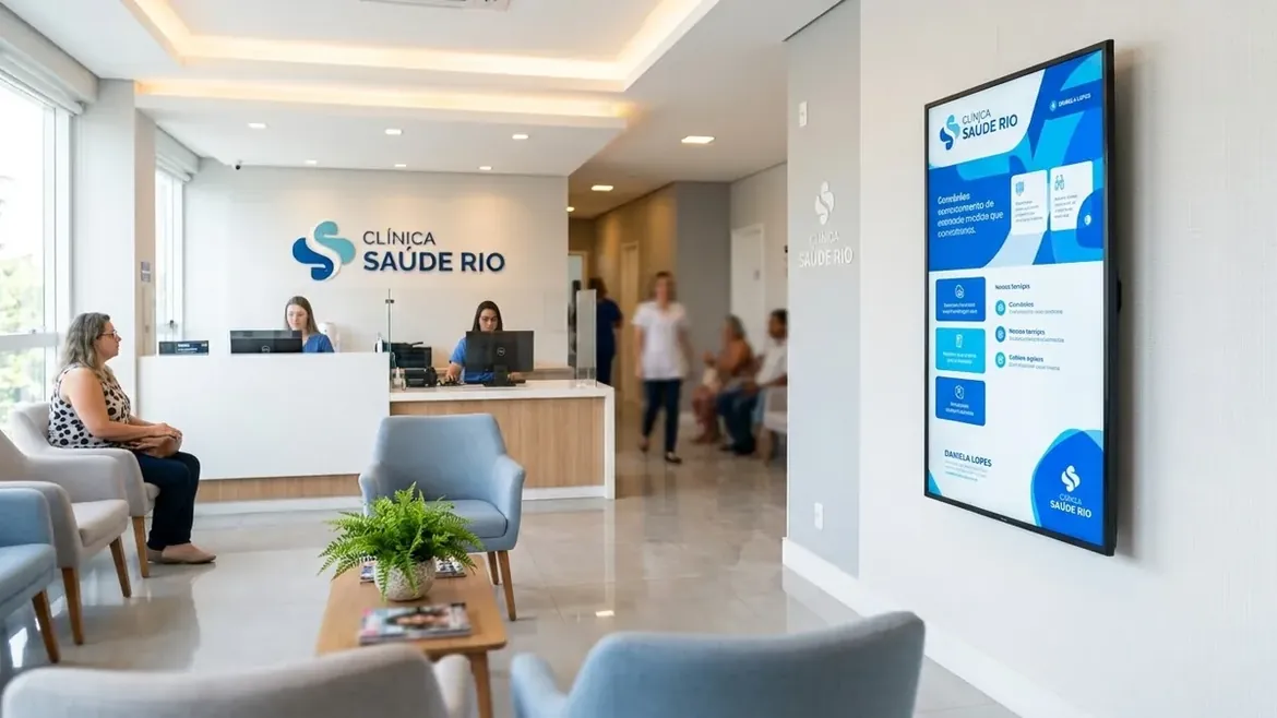 Tela SpotCast exibindo conteúdo institucional em recepção de clínica