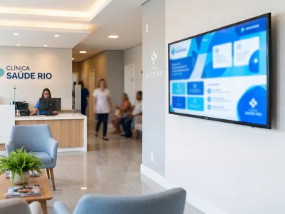 Recepção corporativa com tela SpotCast exibindo conteúdo institucional