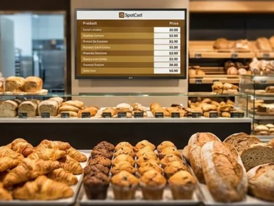 Padaria com tela SpotCast exibindo tabela de preços