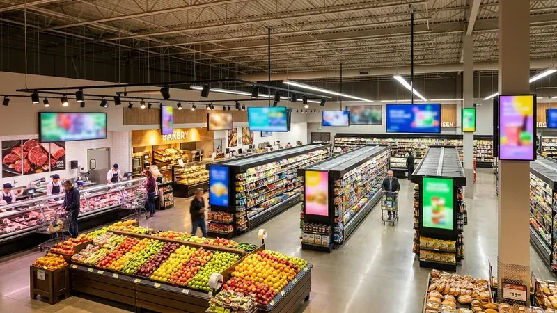 Supermercado com várias telas SpotCast exibindo tabela de preços